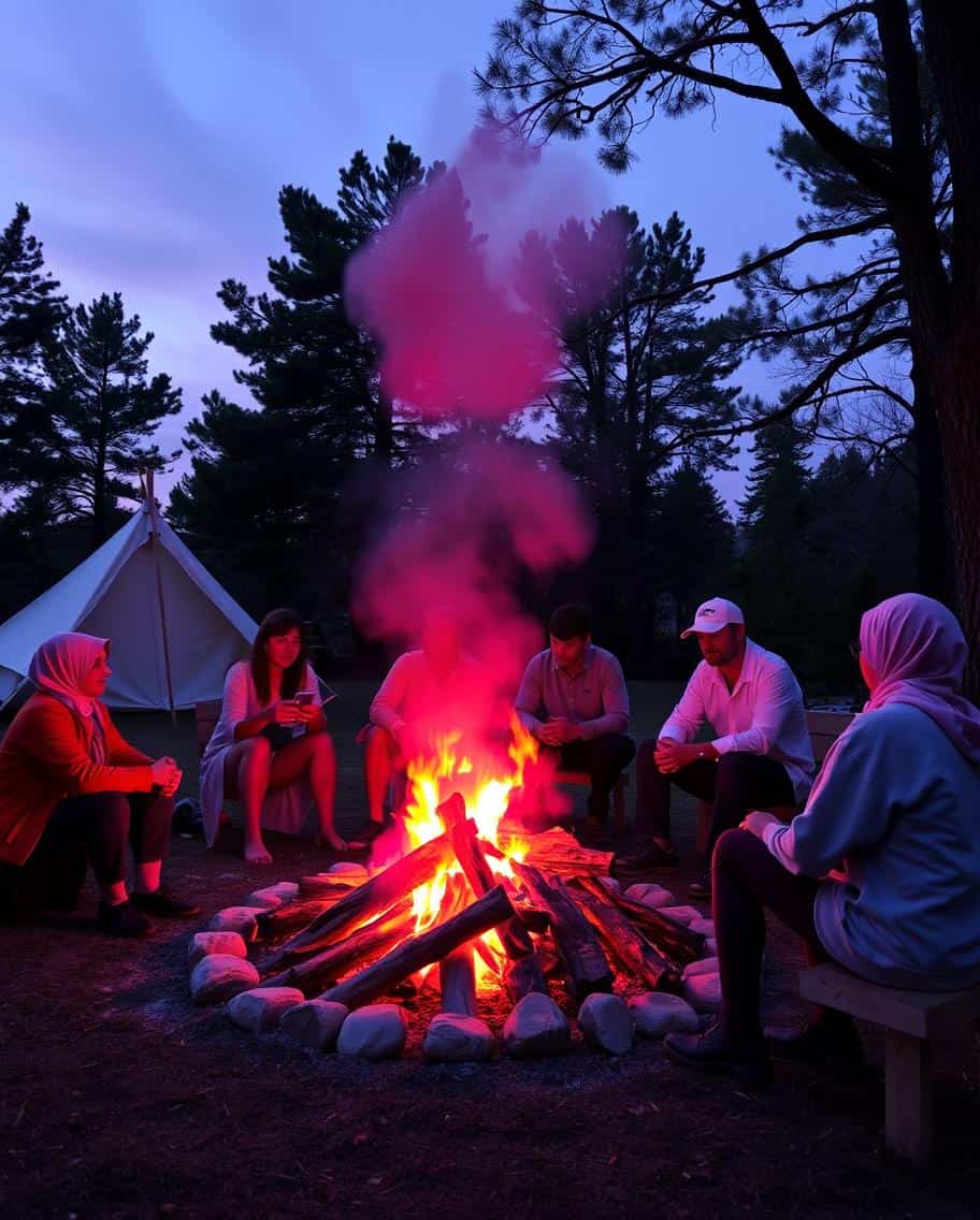 coworkers around a campfire