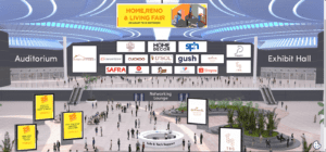 This illustration shows logos displayed across the vFairs web platform virtual lobby